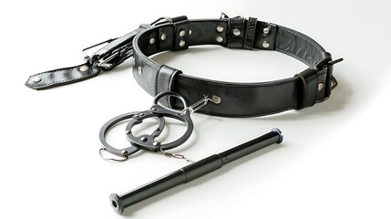 A police duty belt with handcuffs and a baton, isolated on a white surface.
