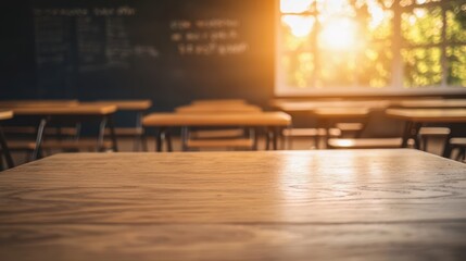 Vintage Classroom Ready for Learning: Empty wooden chairs and desks in a well-lit school environment, back to school concept.