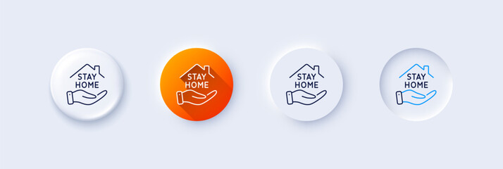 Stay home line icon. Neumorphic, Orange gradient, 3d pin buttons. Coronavirus pandemic quarantine sign. Save lives symbol. Line icons. Neumorphic buttons with outline signs. Vector