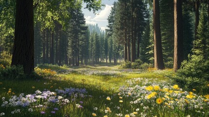 A forest clearing with wildflowers blooming under the shade of tall trees, showcasing the natural beauty and biodiversity of the area.