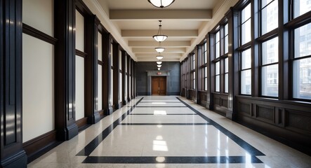 Wide empty courthouse corridor with large windows letting in natural light perfect for legal marketing content