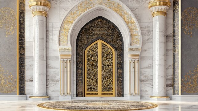 Alexandria, Egypt, June 16, 2022, Kaaba door vector illustration design two shape style gold and white - decorated with various verses of the Holy Quran