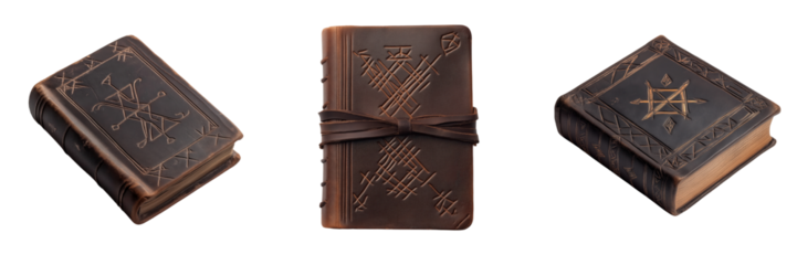 Set of Spellbook with ancient runes on the cover isolated on a transparent background