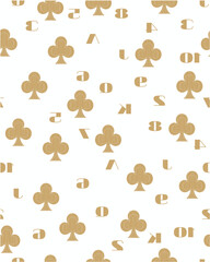 A repeating pattern of golden playing card symbols and numbers on a white background.