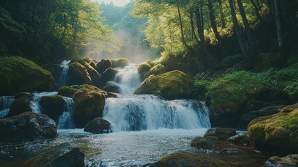 A forest waterfall surrounded by mossy rocks and dense trees, with the sound of rushing water creating a serene atmosphere.