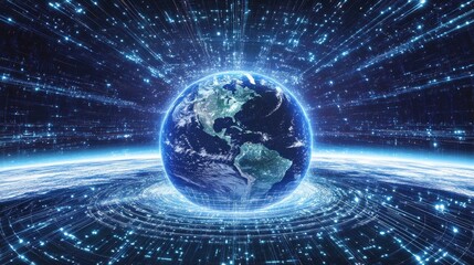 Naklejka premium A futuristic concept of a globe surrounded by satellite orbits and digital communications beams, representing global telecom networks.
