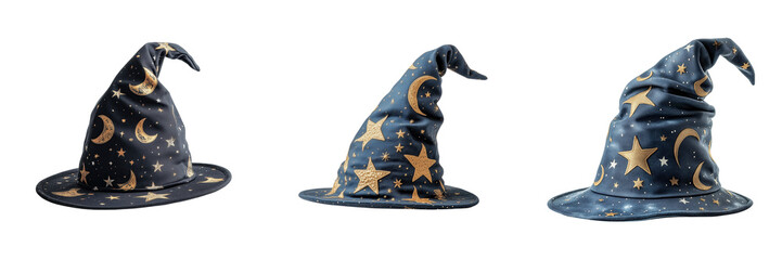 Set of Wizard hat with star and moon patterns isolated on a transparent background