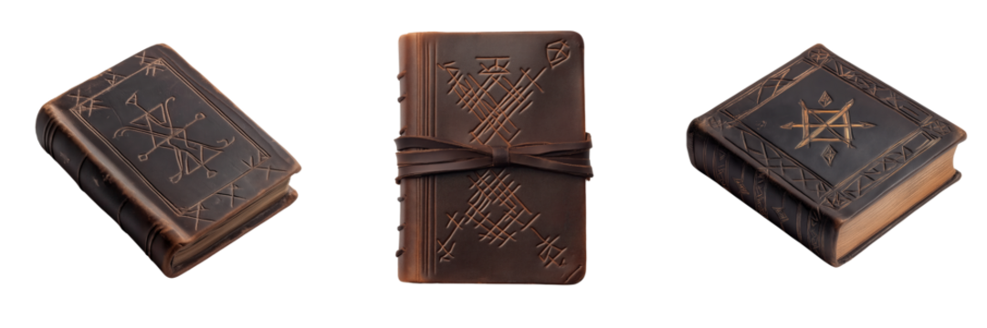 Set of Spellbook with ancient runes on the cover isolated on a transparent background