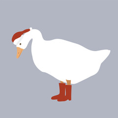 Cute funny cartoon goose in Santa Claus hat and red boots. Merry Christmas character vector illustration. Vector isolated illustration.