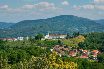 Aerial view of slovenian side from Gorizia medieval castle, Italy. Kostanjevica Monastery and Nova Gorica Town, Slovenia. Crypt of Kostanjevica Monastery is burial place of Charles X of France