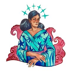 Fototapeta premium lady in blue character icon water colors