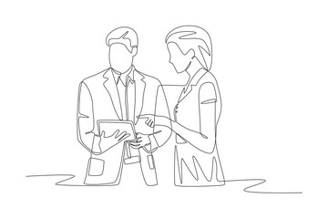 Businessman discussing with his client. Discussion with clients concept one-line drawing