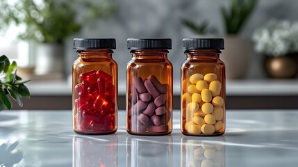 three amber glass pill bottles with a mix of colorful tablets, representing health, wellness, and the various forms of medication and remedies used in pharmaceutical treatments