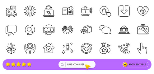 Search, Artificial intelligence and Loyalty points line icons for web app. Pack of Heart, Confirmed, Handbag size pictogram icons. Delivery, Employee hand, Court building signs. Search bar. Vector