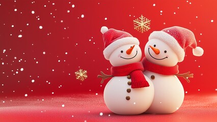 Obraz premium Cute snowmen hug each other and stand against the cold wind.