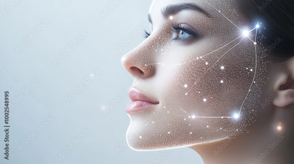 Poster abstract skincare procedure diagram with lines and dots highlighting facial features and enhancement