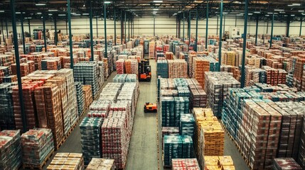A large warehouse filled with rows of pallets stacked high with products, and forklifts moving through the aisles.