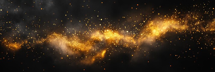 Golden sparks and glowing particles swirling in a mystical cloud, a magical Christmas scene.