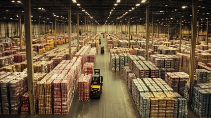 A large warehouse filled with rows of pallets stacked high with products, and forklifts moving through the aisles.