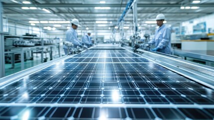 Naklejka premium A large-scale solar panel production facility, with workers assembling photovoltaic panels on a high-tech assembly line.