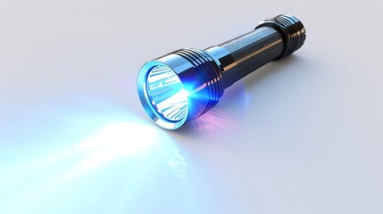 A police flashlight with a focused beam, resting on a white background.