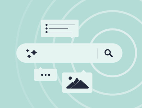 AI search technology is behind SGE search experience concept. Change online search with generative AI. Simple vector illustration with modern icons on white background