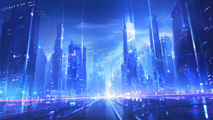 Fototapeta premium Future City With Big White Skyscrapers Cartoon Background Illustration Featuring Tall, Sleek Skyscrapers Illuminated With Bright Blue Neon Accents