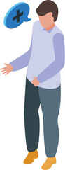 Young man is standing and gesturing with his hands while speaking, plus sign in speech bubble