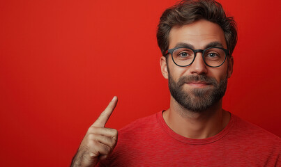 Naklejka premium Man in glasses on color background pointing up.