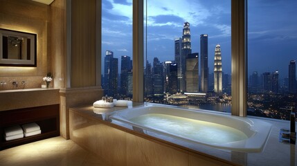 Fototapeta premium A luxury hotel bathroom with a view of the city skyline from a large bath.