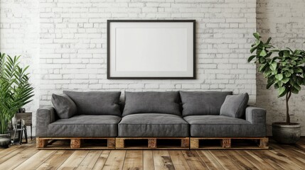 Fototapeta premium Modern Minimalist Living Room Interior with Pallet Sofa and White Brick Wall