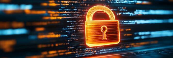 Orange Glowing Padlock Icon on Dark Blue Blurry Programming Code Background Cybersecurity Concept.