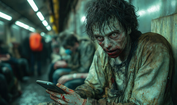 Sitting zombie with phone, phone turns people into zombies.