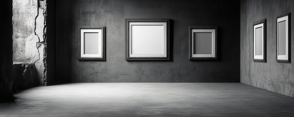 Empty art gallery with blank frames and concrete walls.