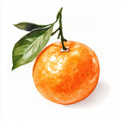 Watercolor illustration. Whole fresh orange with green leaves isolated on a white background. Christmas sweet fragrant tangerine. 