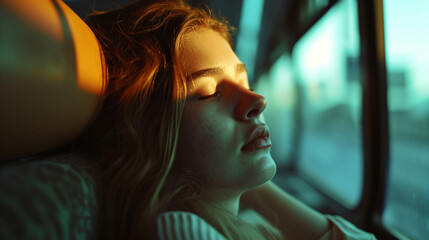 A woman is sleeping in a car