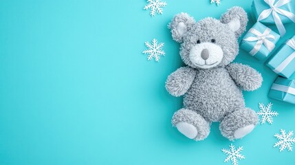 A cozy plush moose toy sits cheerfully against a festive red background adorned with snowflakes, perfect for winter charm