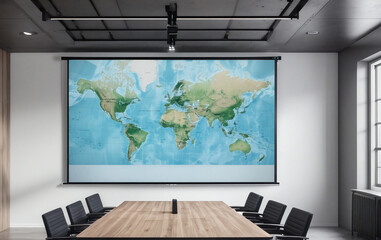 Fototapeta premium A modern conference room equipped with a world map projection during a business meeting in a contemporary office space.