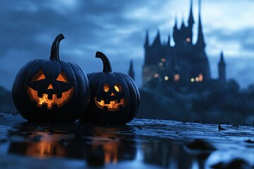 Halloween scene with carved pumpkins and a spooky castle in the background