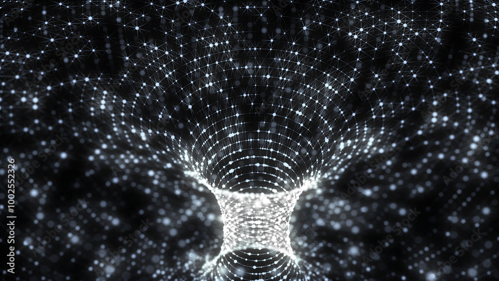 Wall mural abstract wireframe tunnel. science wormhole. 3d portal grid. futuristic fantasy funnel. 3d rendering