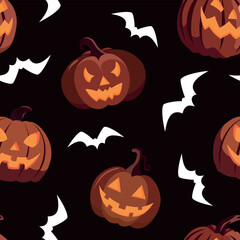 Creepy Halloween seamless pattern with pumpkin lanterns and bats on a dark background. Happy Halloween wallpaper design.