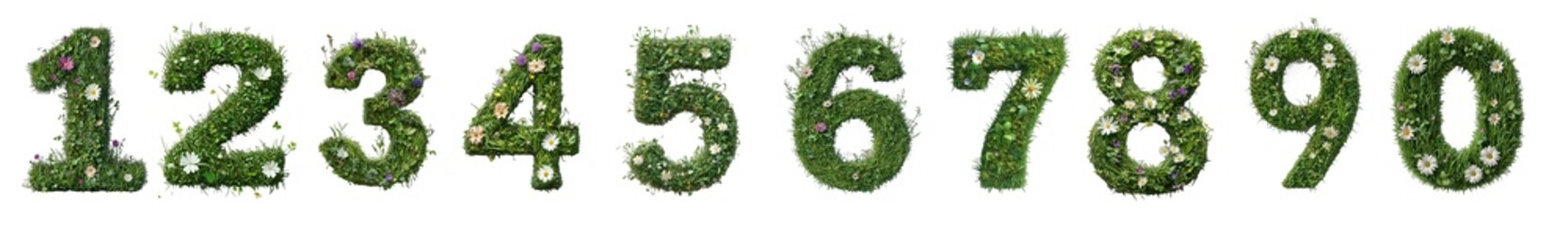 Green grass numbers decorated with flowers, isolated on transparent background, perfect for eco, natural, and environmental design projects