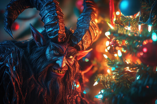 Scary krampus figure with horns is smiling near a decorated christmas tree