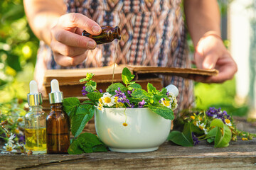 Medicinal herbs homeopathy and alternative medicine. Selective focus.