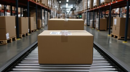 Boxes are in motion along a conveyor belt in a warehouse, highlighting the streamlined process of handling goods efficiently in a bustling logistics environment