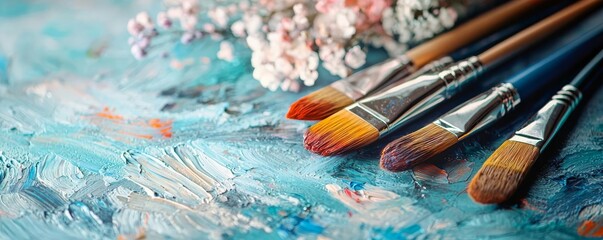 Obraz premium Paintbrushes resting on colorful palette with delicate flowers.