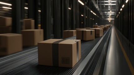 Boxes are in motion along a conveyor belt in a warehouse, highlighting the streamlined process of handling goods efficiently in a bustling logistics environment