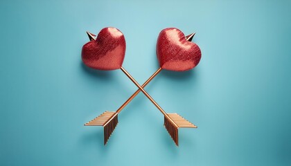 Two Sparkling Red Hearts Pierced by Arrows, Crossed in a Symbol of Love and Connection, Set Against a Bright Turquoise Background. Romantic Valentine's Day Conceptual Image of Passion and Union