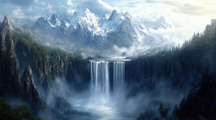 Fototapeta premium A powerful waterfall in a mountainous region, with snow-capped peaks in the background, and mist rising from the base, creating a dramatic, awe-inspiring landscape.