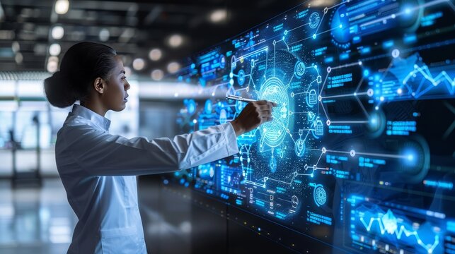 Female Scientist Analyzing Complex Data on Futuristic Digital Interface, Research, and Development
